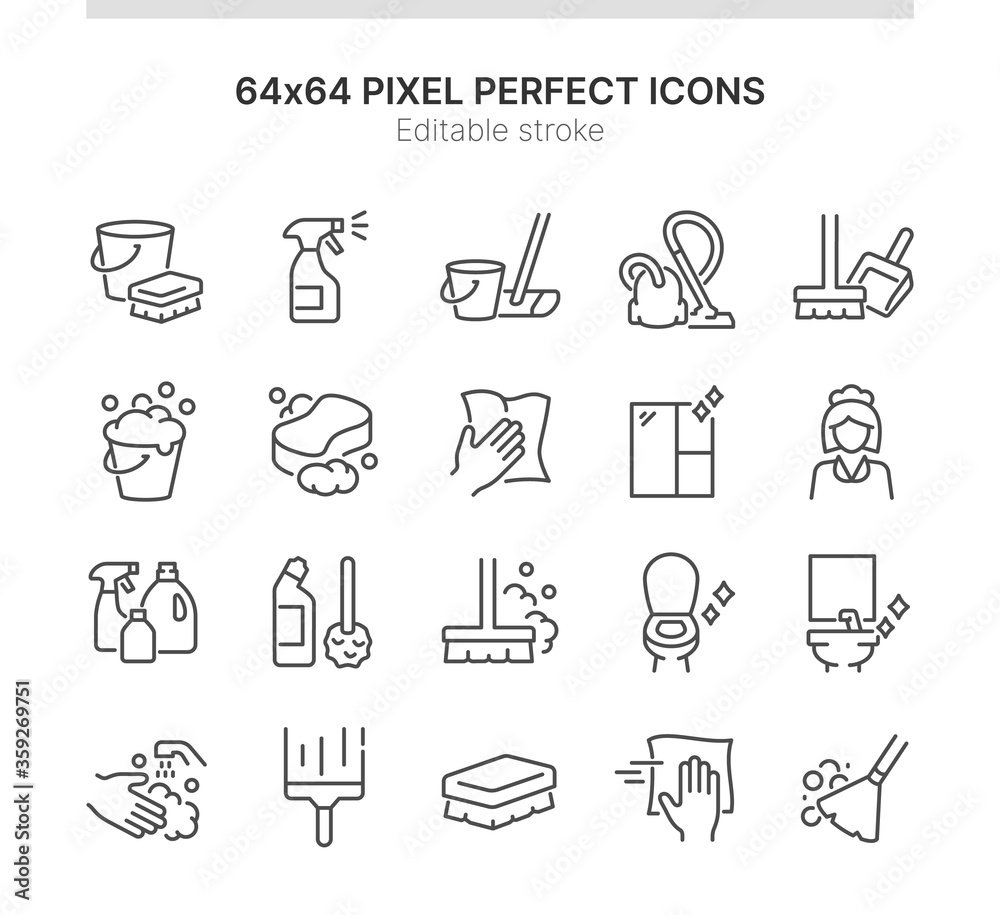 Fototapeta premium Simple Set of Icons Related to Cleaning. Contains such icons as Spray, Maid, Cleaning Surface and more. Lined Style. 64x64 Pixel Perfect. Editable Stroke.