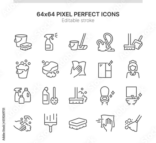 Simple Set of Icons Related to Cleaning. Contains such icons as Spray, Maid, Cleaning Surface and more. Lined Style. 64x64 Pixel Perfect. Editable Stroke.