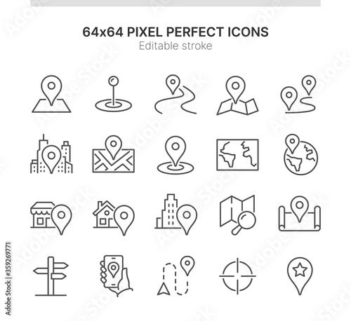 Simple Set of Icons Related to Navigation. Contains such icons as Path, World Map, Store Locator and more. Lined Style. 64x64 Pixel Perfect. Editable Stroke.
