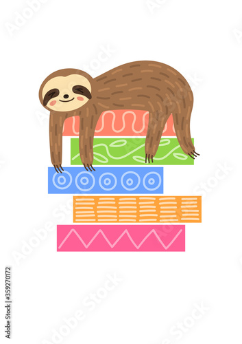 Reading books. Cute sloth sleeping on stack of books. Storytelling, education, teaching. Children illustration.