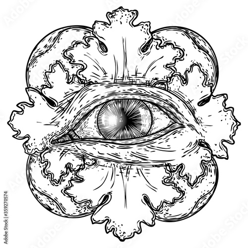 Hand drawn eye iris as element of All seeing eye of providence variation in decorative circle.  Black work tattoo flash of Masonic symbol design. Sacred religion, spirituality and occultism. Vector.