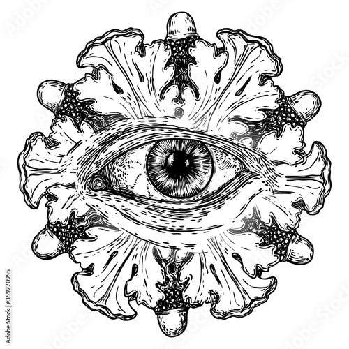 Hand drawn eye iris as element of All seeing eye of providence variation in decorative circle.  Black work tattoo flash of Masonic symbol design. Sacred religion, spirituality and occultism. Vector.