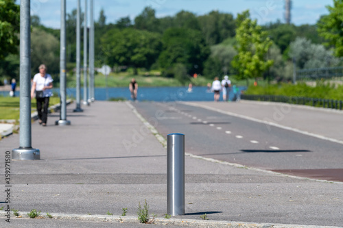 A view of a bicycle boulevard on a sunny summer day.