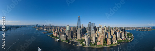 Aerial panorama of New York City skyline with both downtown Manhattan, new jersey and Brooklyn 
