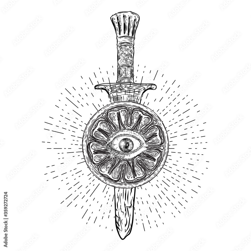 All seeing eye or Eye of Providence on the decorative background and sword of knife weapon. Witch hunter, demons or monsters, black magic fighter symbol. Secret knight society. Vector.