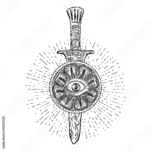 All seeing eye or Eye of Providence on the decorative background and sword of knife weapon. Witch hunter, demons or monsters, black magic fighter symbol. Secret knight society. Vector.