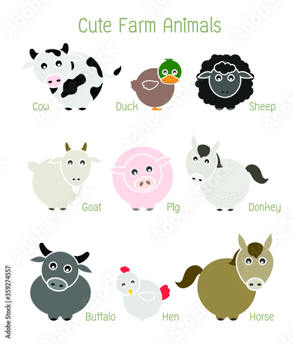 Fototapeta Naklejka Na Ścianę i Meble -  Farm Animals Set, Cow, Duck, Sheep, Goat, Pig, Donkey, Buffalo, Hen, Horse - Vector illustration