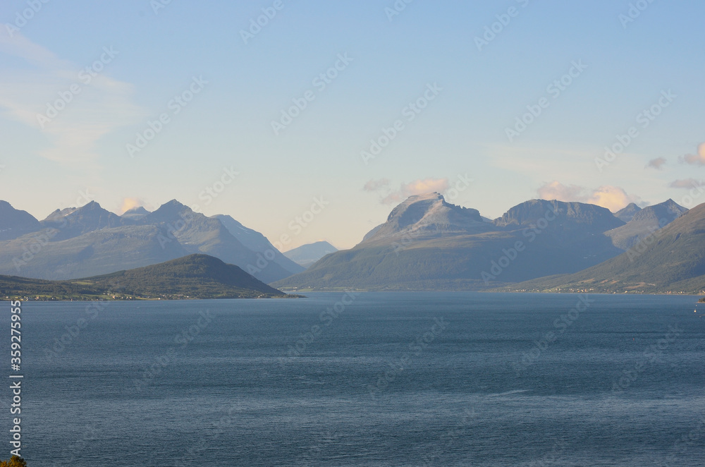 mountain and fjord landscape in autumn with the sleeping soldier mountain formation in the background