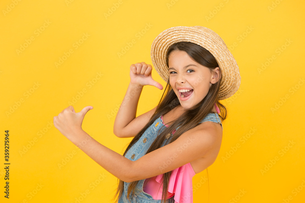 I am cool. Fashionably dressed girl. Enjoying vacation. Good vibes. Beach style. Beauty in hat. Portrait cheerful girl in summer hat yellow background. Fancy outfit. Summer fashion. Summer holidays I am cool. Fashionably dressed girl. Enjoying vacation. Good vibes. Beach style. Beauty in hat. Portrait cheerful girl in summer hat yellow background. Fancy outfit. Summer fashion. Summer holidays