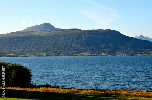 fjord and mountain landscape in northern norway in autumn