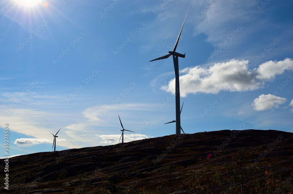 Obraz premium windmill farm on mountain top in autumn sun