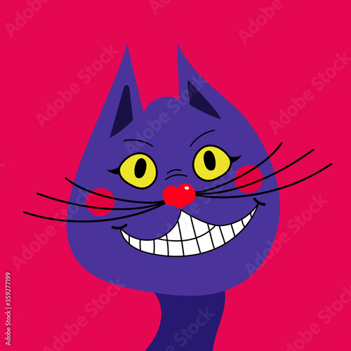 Vector illustration of cheshire cat. Tale of Lewis Carol Alice in Wonderland. Fairytale characters. Pets. The face of the cat. The head of a cat with a big mustache. Cheshire cat smile. Flat.  photo