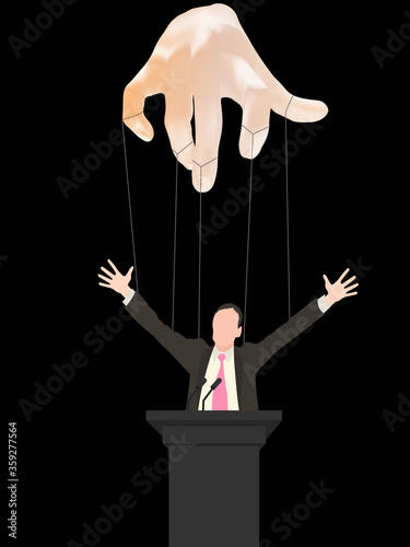 Business executive, businessman or politician with hands tied with strings like a puppet. Realistic hand. Creative vector illustration for business concept isolated on black background. EPS 10
