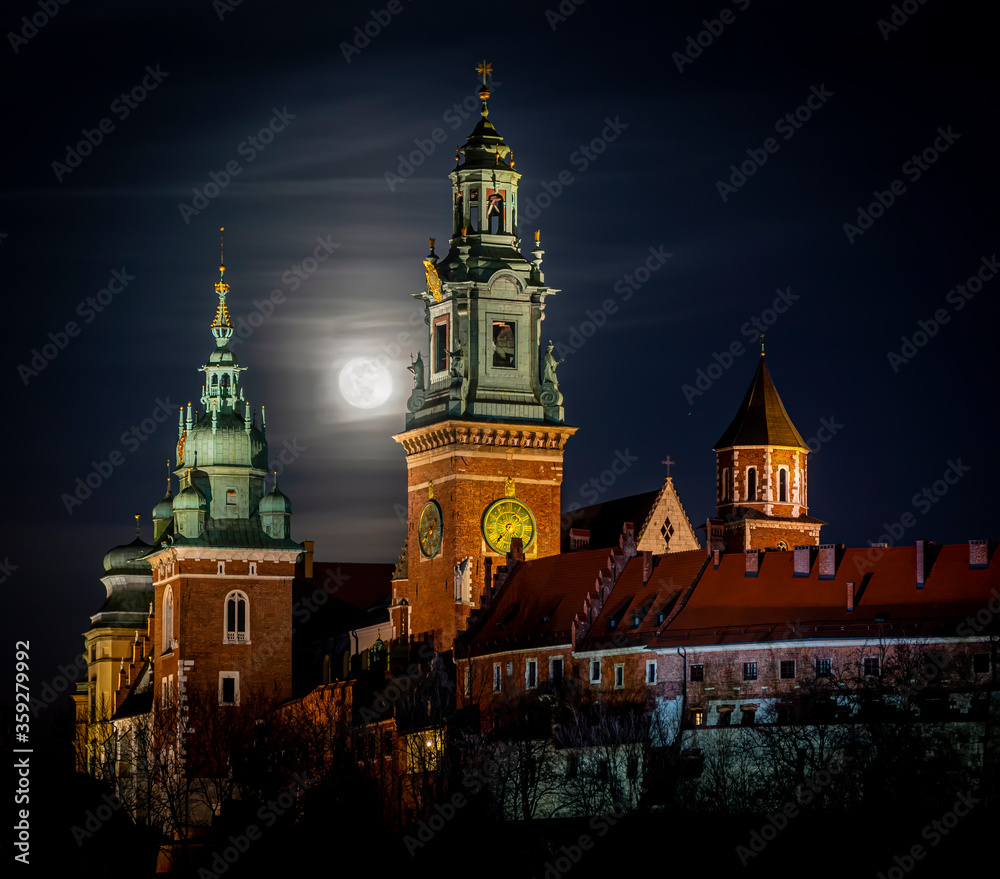 Full moon over the Wawel Castle, Cracow, Poland