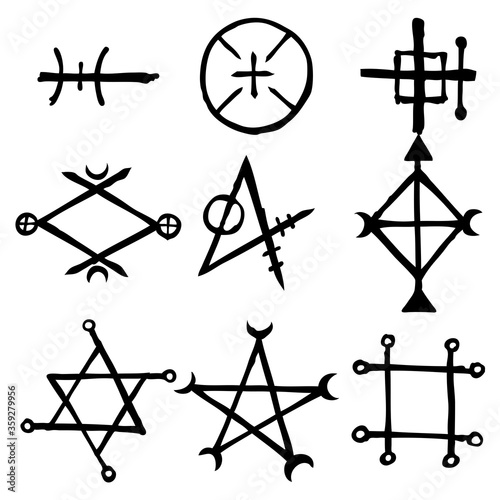Set of esoteric symbol design elements. Imaginary handwritten alchemy signs, space, spirituality, inspired by mysticism, freemasonry, astrology. Vector .