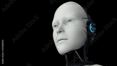 Artificial intelligence. Futuristic humanoid robot is activated, moves its head, eyes and scans the environment. The camera approaches the robot. On a black background. 4K. 3D animation.