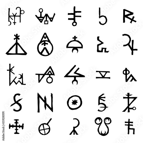 Mystic set with magic circles, pentagram and imaginary chakras symbols. Collection of icons with witchcraft and occult hand writing letters. Esoteric concept. Vector