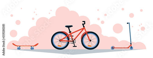 Set of sporting goods road racing bicycle, skateboard and kick stunt scooter. Flat design banner, vector illustration in pink and red colors. Active summer sport goods. Side view