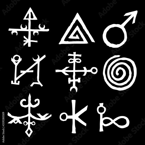 Mystic set with magic circles, pentagram and imaginary chakras symbols. Collection of icons with witchcraft and occult hand writing letters. Esoteric concept. Vector