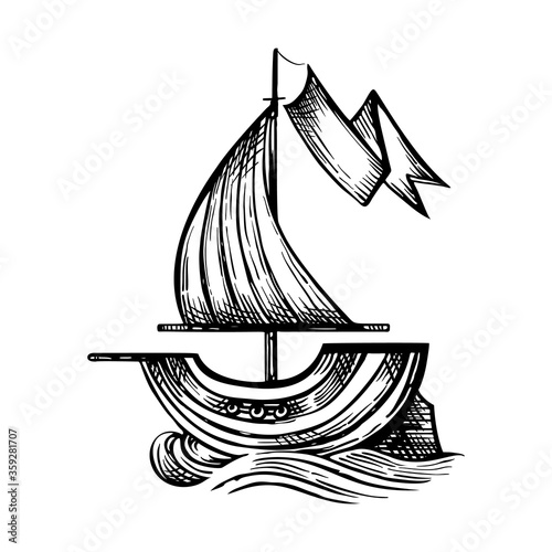 Vector drawing of sailing ship stylized as engraving.