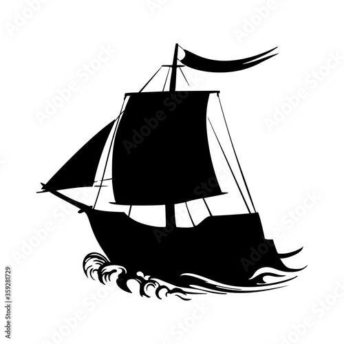 Sailing ship silhouette pirate boat and sea on a white background vector