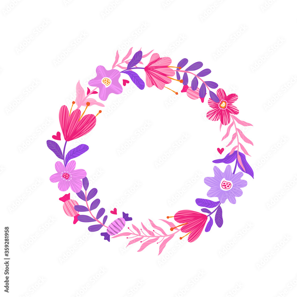 Doodle vector flower frame. Round photo frame. Cute design for greeting cards or posters.