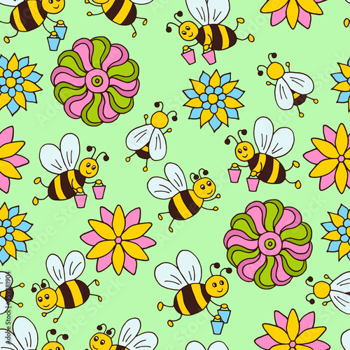 Seamless pattern with bees and flowers