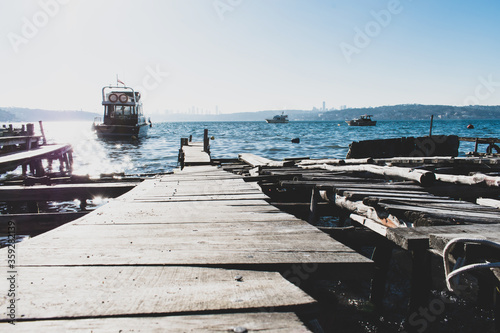 Istanbul Bosphorus, Istanbul Bosphorus view from the fishing dock. Old wooden fishing ramp or jetty.