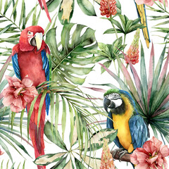 Handdoek met foto Papegaai patronen Aquarel papegaaien met hibiscus jungle  © yuliya_derbisheva