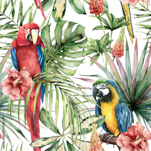Carta da parati Pappagalli - Carta da parati Watercolor tropical seamless pattern with parrots and hibiscus. Hand painted birds, flowers and jungle palm leaves. Floral illustration isolated on white background for design, print or background.
