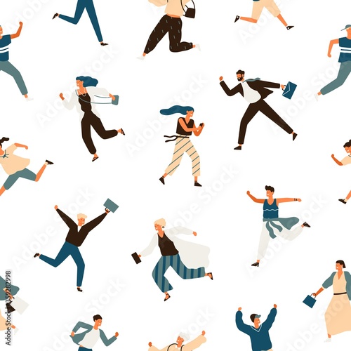 Colorful hurry man and woman seamless pattern. Running businessman, kid, teen, stylish female and office workers vector flat illustration. Hasten modern people in trendy clothes on white background
