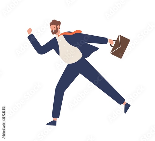 Young bearded male in suit running hold suitcase vector flat illustration. Active funny businessman in hurry or haste isolated on white background. Smiling rush trendy office worker photo