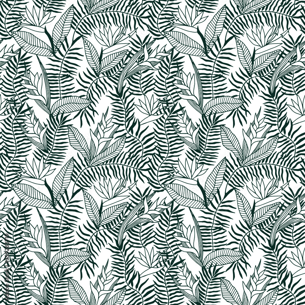 Tropical seamless pattern. Leaves of a palm tree. Vector stock illustration eps 10. Hand drawing