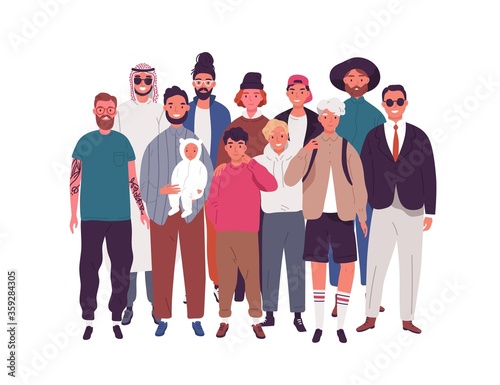 Group of happy diverse man, teenager and boy standing together vector flat illustration. Crowd of multinational male smiling isolated on white. Joyful people of different nations. Social diversity