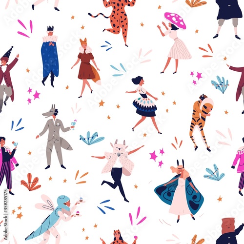 Happy festive man and woman in funny masquerade apparel seamless pattern. Joyful people at carnival party vector flat illustration. Smiling cute person in mask dance and jump celebrate holiday