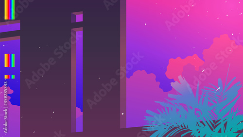 Neon tropical palm and building