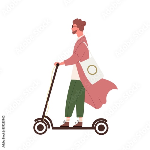Hipster guy riding on electric kick scooter vector flat illustration. Funny trendy man use modern vehicle isolated on white background. Colorful bearded male drive motorized transportation