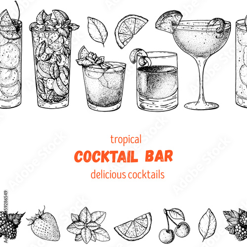 Cocktails hand drawn vector illustration. Alcoholic cocktails sketch set. Engraved style. Design template for bar. Tom collins, mojito, mai tai, sazerac, sidecar.