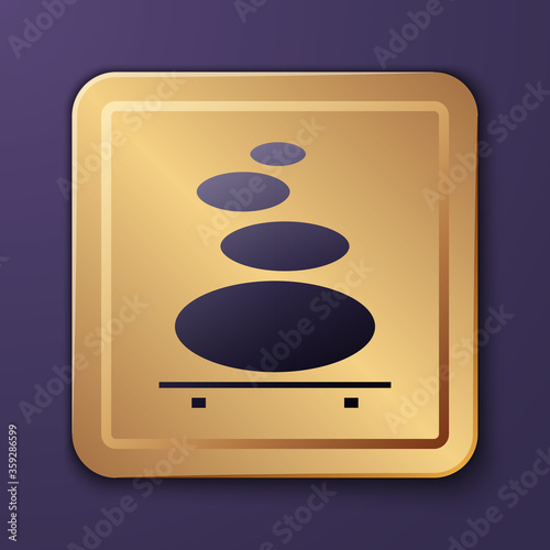 Purple Stack hot stones icon isolated on purple background. Spa salon accessory. Gold square button. Vector Illustration