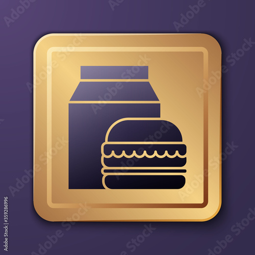 Purple Online ordering and burger delivery icon isolated on purple background. Gold square button. Vector Illustration