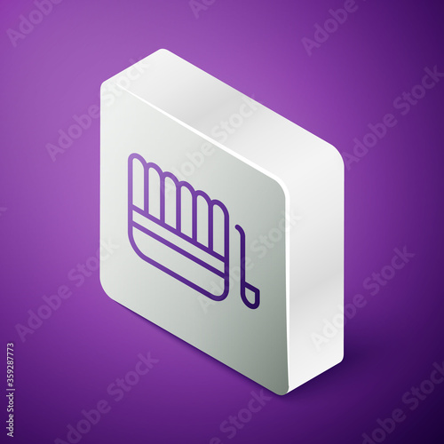 Isometric line Sauna bucket and ladle icon isolated on purple background. Silver square button. Vector Illustration