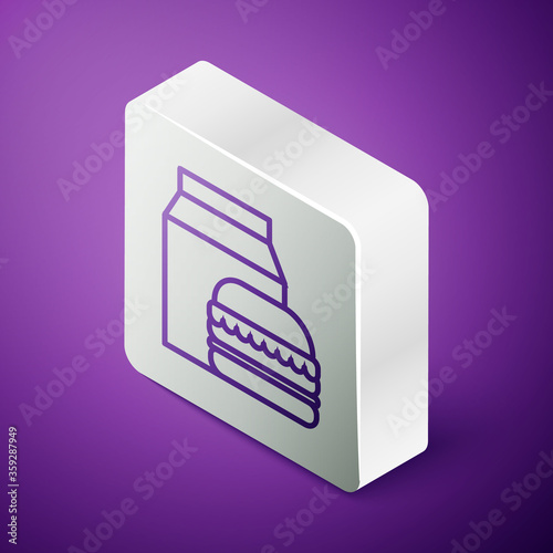 Isometric line Online ordering and burger delivery icon isolated on purple background. Silver square button. Vector Illustration