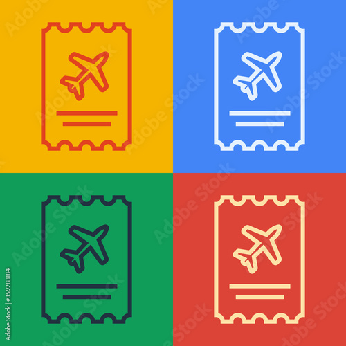 Pop art line Airline ticket icon isolated on color background. Plane ticket.  Vector Illustration