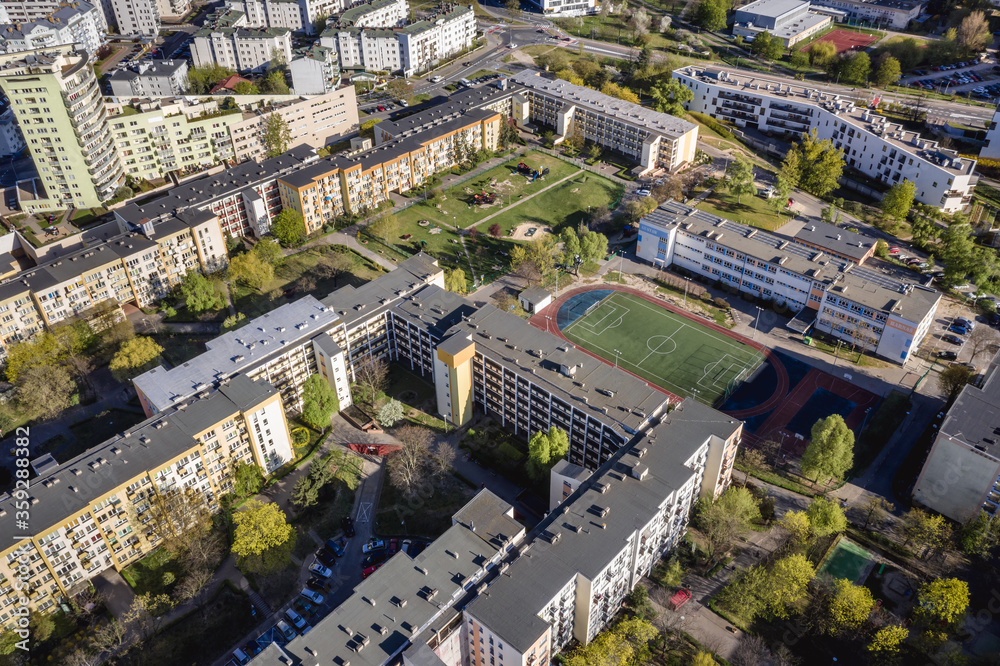 Drone view of famous gallery building in Warsaw capital city, one of the longest buildings in Poland with almost 1,5 km lenght inculding bends Drone view of famous gallery building in Warsaw capital city, one of the longest buildings in Poland with almost 1,5 km lenght inculding bends