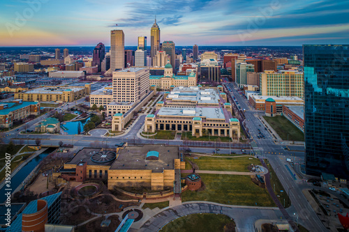 Aerial View of Downtown Indianapolis Indiana Skyline at sunset