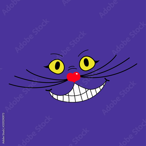 Vector illustration of cheshire cat. Tale of Lewis Carol Alice in Wonderland. Fairytale characters. Pets. The face of the cat. The head of a cat with a big mustache. Cheshire cat smile. Flat. 