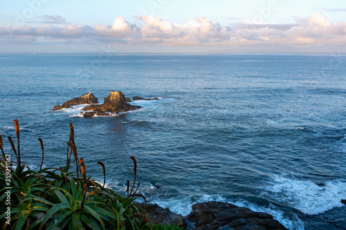 Sunrise on the sea in Laguna Beach, overlooking Seal Rock, which is covered with many shorebirds. 