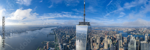 Aerial view of New York Manhattan with skyline and lower downtown. 