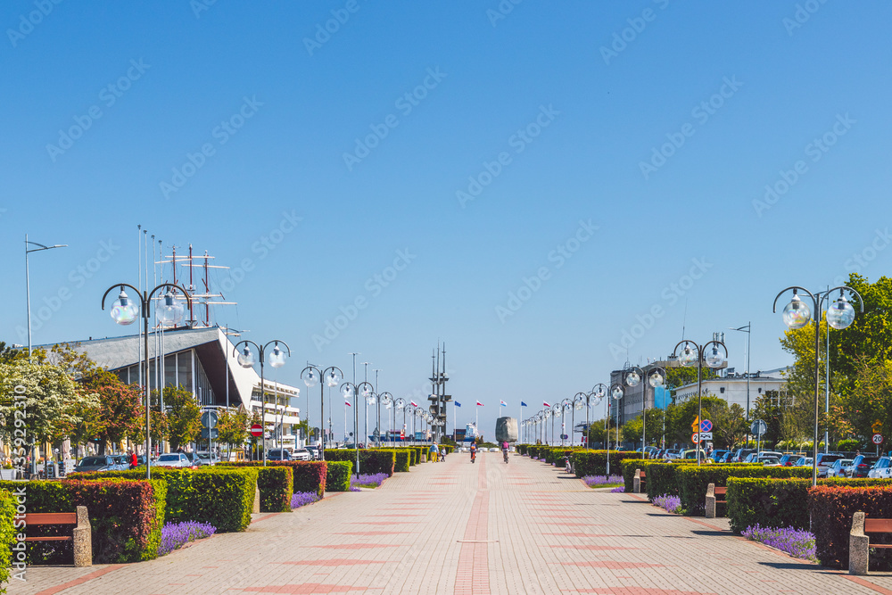 Green summer cityscape: pier to the Port Gdynia, Poland