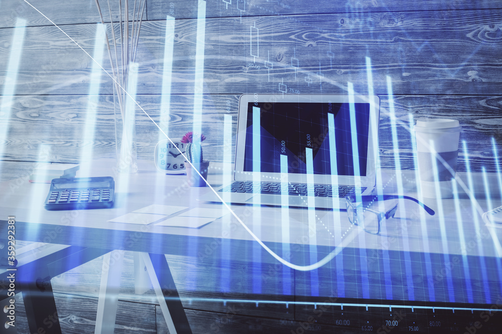 Double exposure of financial graph drawing and office interior background. Concept of stock market. Double exposure of financial graph drawing and office interior background. Concept of stock market.